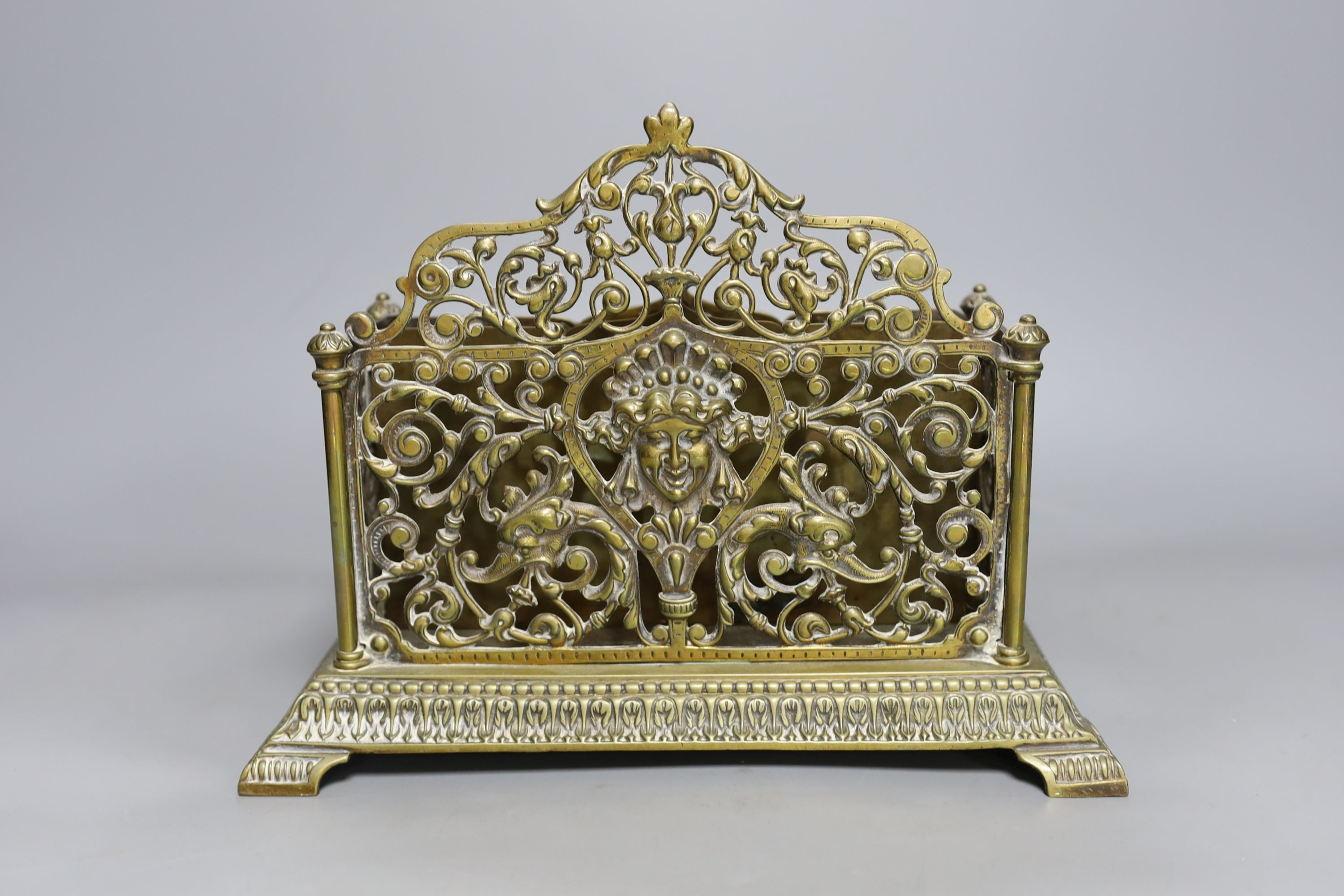 A late 19th century William Tonkin brass 2 bottled ink and letter stand - 27cm long
